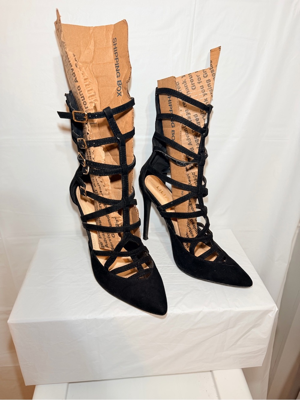 Liliana Black Strappy Pointed Stiletto Heels